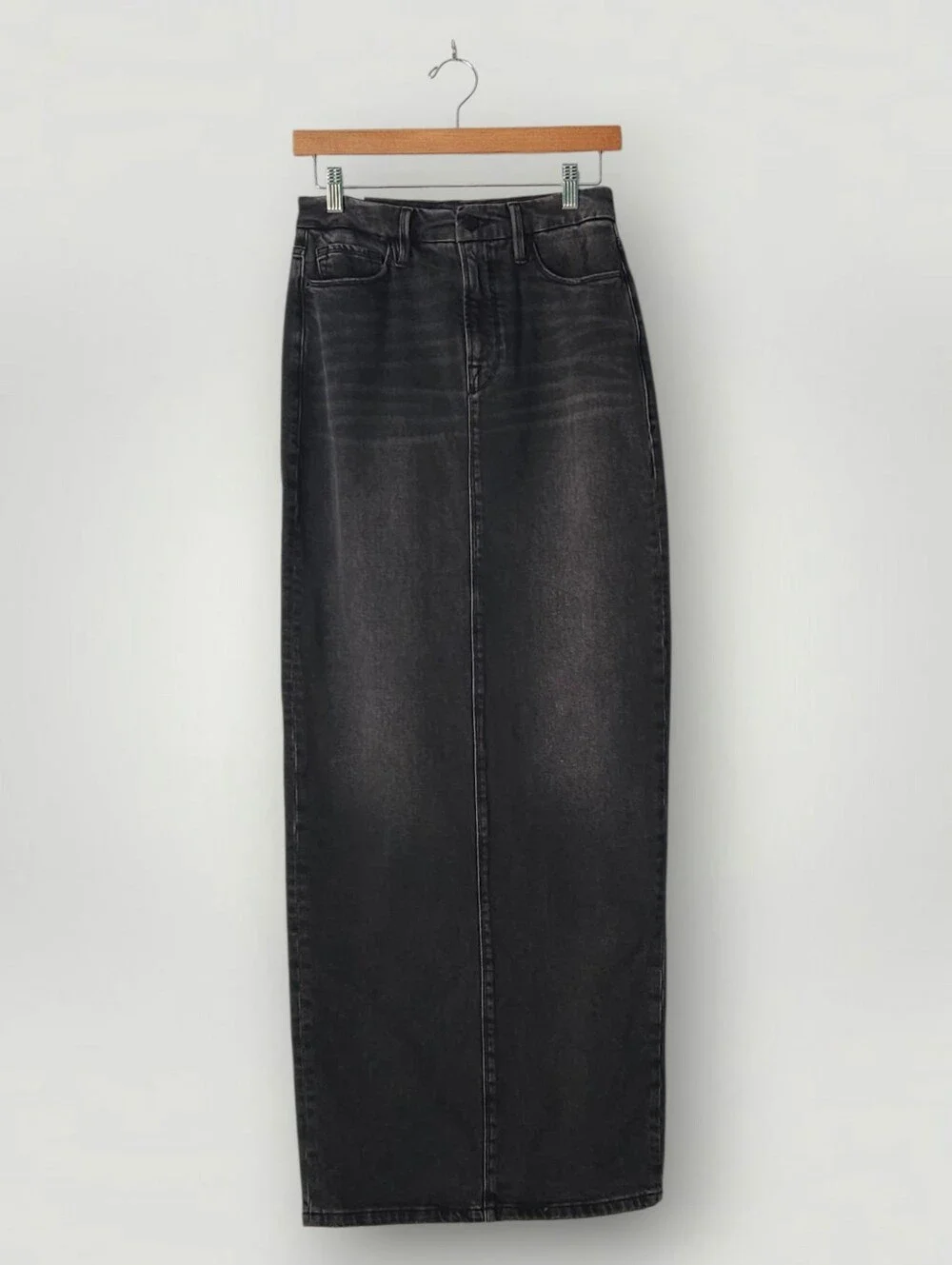 Good American Tube Maxi Skirt Black Denim Size 4/27 High Rise Column Y2K Revival